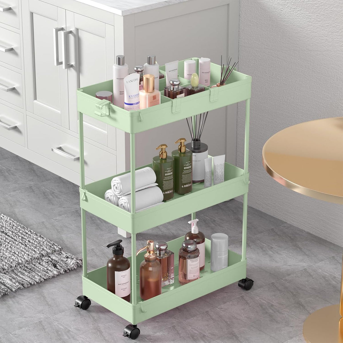 SPACELEAD 3 Tier Rolling Cart with Wheels, Storage Craft Art Trolley Organizer Serving, 3 Hanging Baskets Easy Assembly, for Office, Bathroom，Living Room, Kitchen, Black