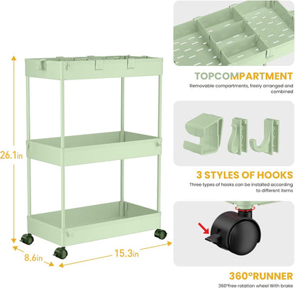 SPACELEAD 3 Tier Rolling Cart with Wheels, Storage Craft Art Trolley Organizer Serving, 3 Hanging Baskets Easy Assembly, for Office, Bathroom，Living Room, Kitchen, Black
