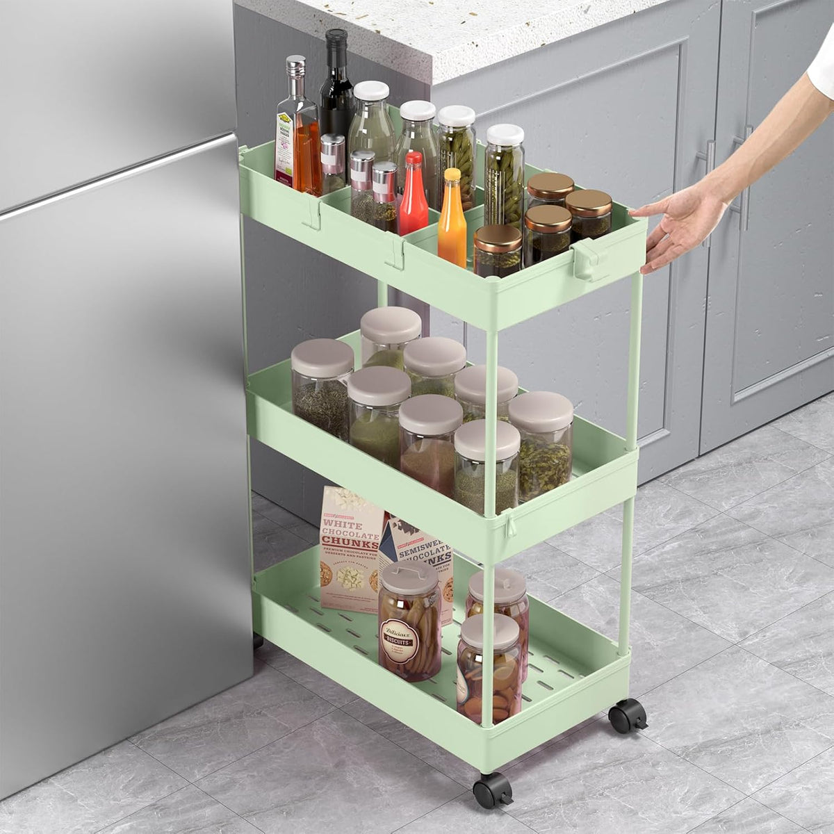 SPACELEAD 3 Tier Rolling Cart with Wheels, Storage Craft Art Trolley Organizer Serving, 3 Hanging Baskets Easy Assembly, for Office, Bathroom，Living Room, Kitchen, Black