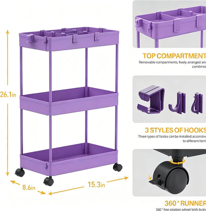 SPACELEAD 3 Tier Rolling Cart with Wheels, Storage Craft Art Trolley Organizer Serving, 3 Hanging Baskets Easy Assembly, for Office, Bathroom，Living Room, Kitchen, Black