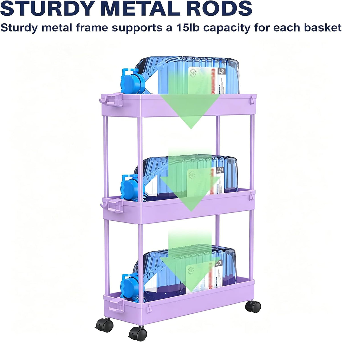 SPACELEAD 3 Tier Rolling Cart with Wheels, Storage Craft Art Trolley Organizer Serving, 3 Hanging Baskets Easy Assembly, for Office, Bathroom，Living Room, Kitchen, Black