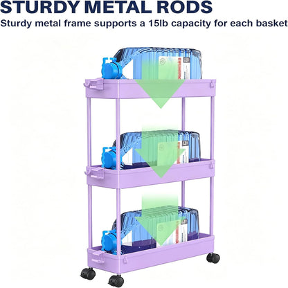 SPACELEAD 3 Tier Rolling Cart with Wheels, Storage Craft Art Trolley Organizer Serving, 3 Hanging Baskets Easy Assembly, for Office, Bathroom，Living Room, Kitchen, Black