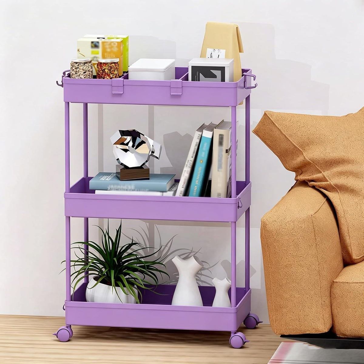 SPACELEAD 3 Tier Rolling Cart with Wheels, Storage Craft Art Trolley Organizer Serving, 3 Hanging Baskets Easy Assembly, for Office, Bathroom，Living Room, Kitchen, Black