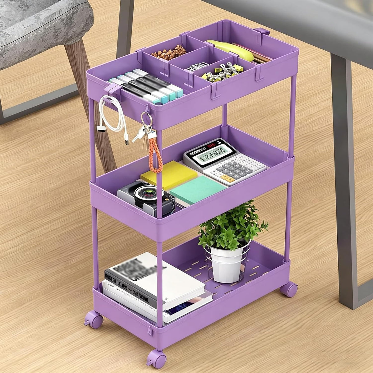 SPACELEAD 3 Tier Rolling Cart with Wheels, Storage Craft Art Trolley Organizer Serving, 3 Hanging Baskets Easy Assembly, for Office, Bathroom，Living Room, Kitchen, Black