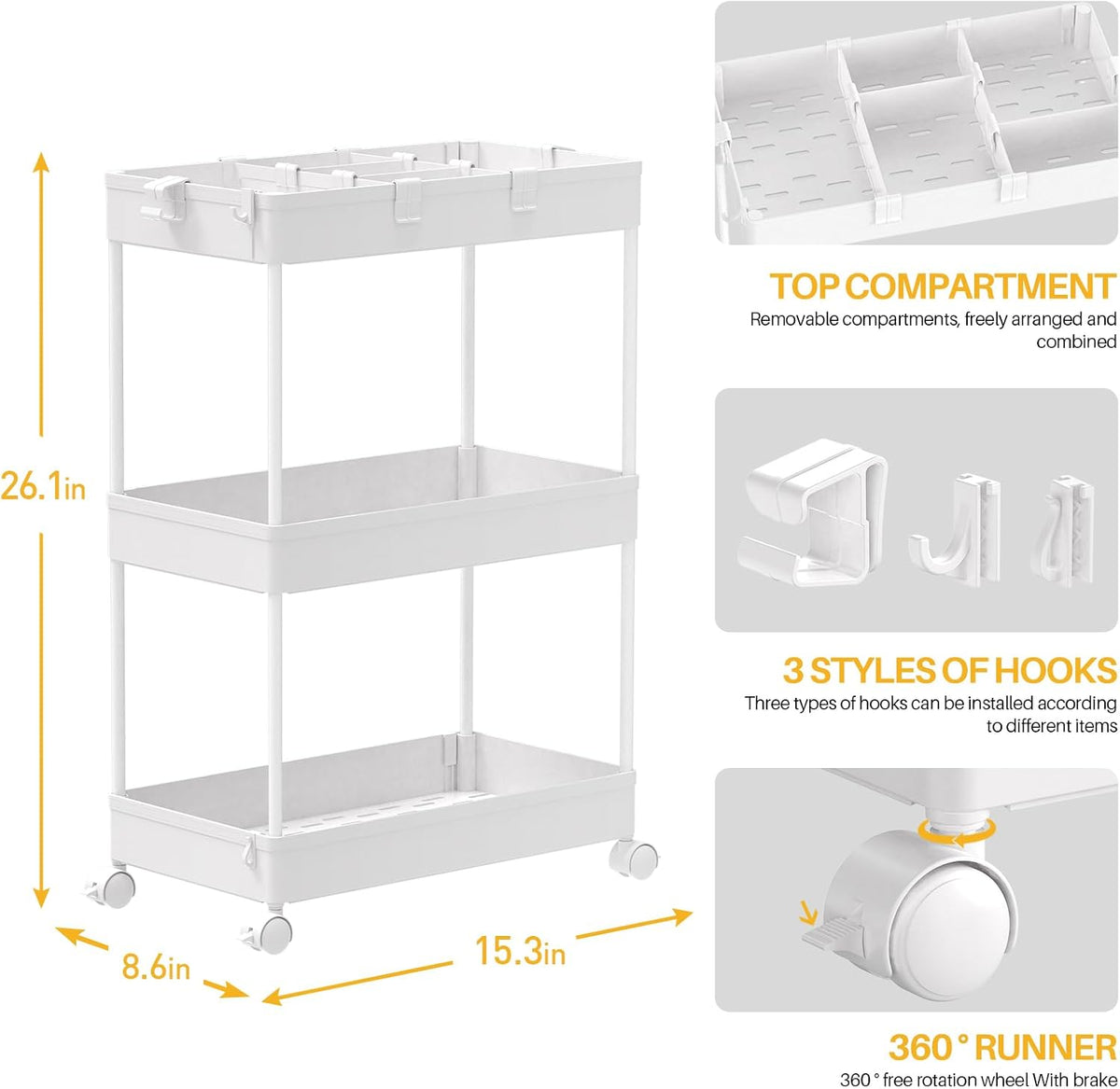 SPACELEAD 3 Tier Rolling Cart with Wheels, Storage Craft Art Trolley Organizer Serving, 3 Hanging Baskets Easy Assembly, for Office, Bathroom，Living Room, Kitchen, Black