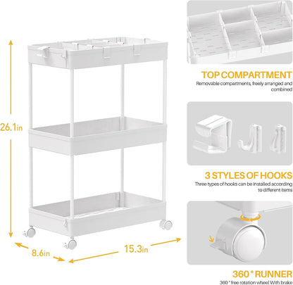 SPACELEAD 3 Tier Rolling Cart with Wheels, Storage Craft Art Trolley Organizer Serving, 3 Hanging Baskets Easy Assembly, for Office, Bathroom，Living Room, Kitchen, Black