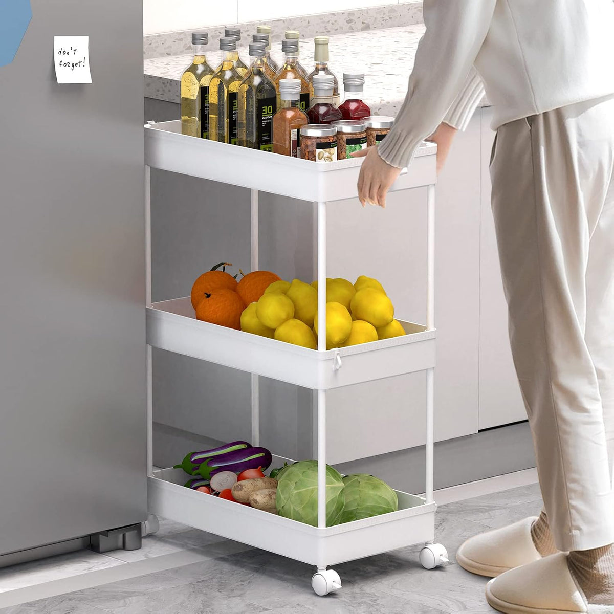 SPACELEAD 3 Tier Rolling Cart with Wheels, Storage Craft Art Trolley Organizer Serving, 3 Hanging Baskets Easy Assembly, for Office, Bathroom，Living Room, Kitchen, Black