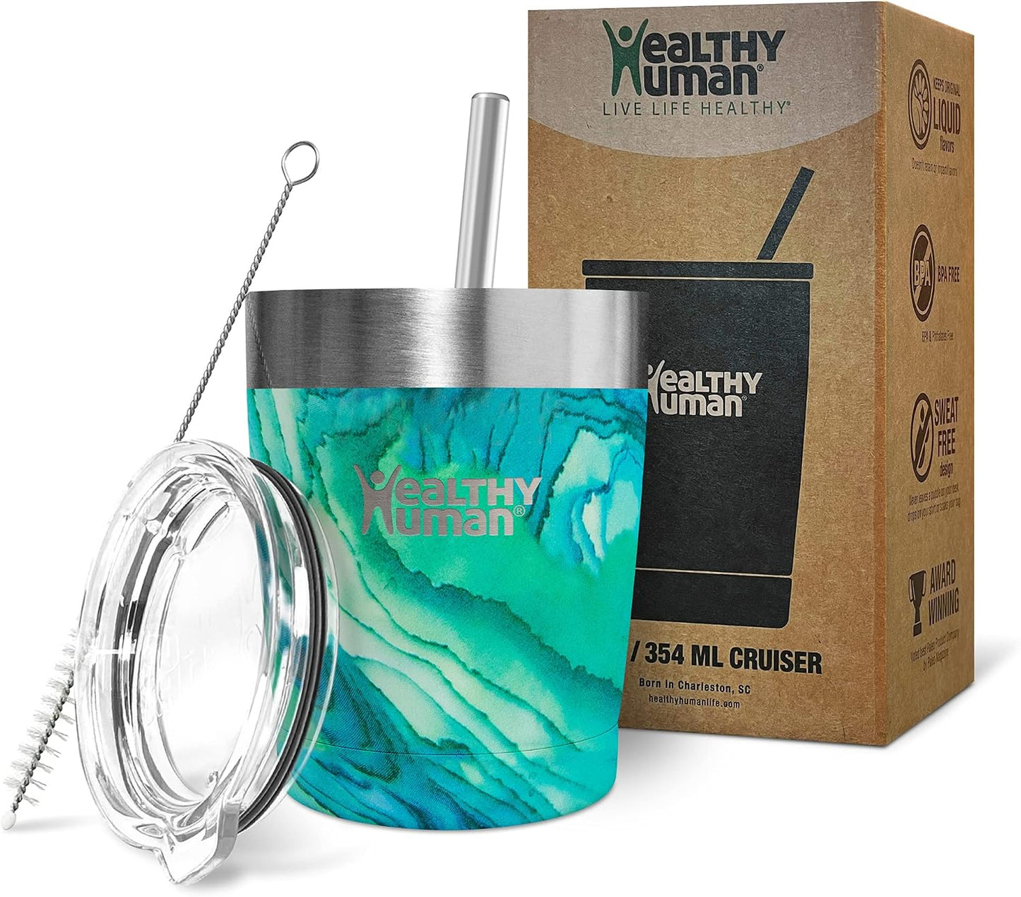 Stainless Steel Tumbler with Straw | Splash Proof Insulated Travel Cruiser Cup | Eco-Friendly Coffee Tumblers with Straws Cleaner & Splash Proof Lid (12oz, Bora Bora)