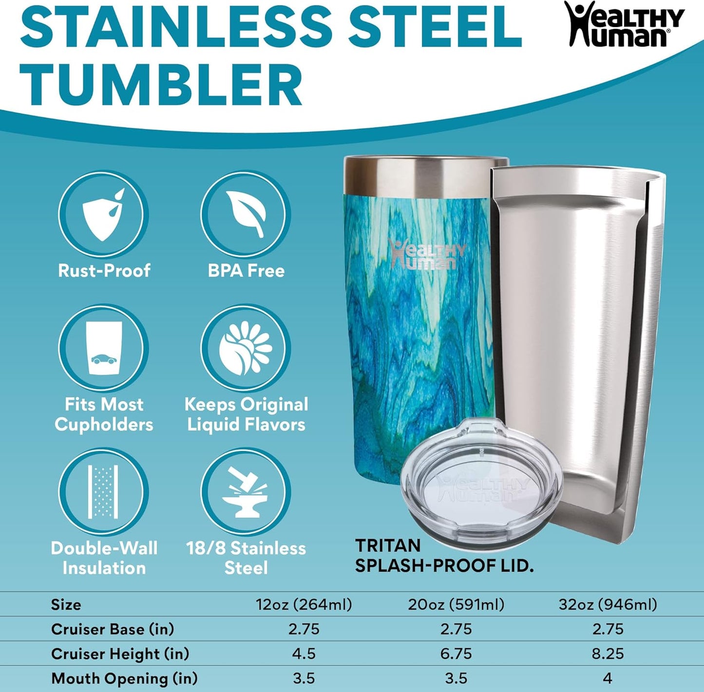 Stainless Steel Tumbler with Straw | Splash Proof Insulated Travel Cruiser Cup | Eco-Friendly Coffee Tumblers with Straws Cleaner & Splash Proof Lid (12oz, Bora Bora)