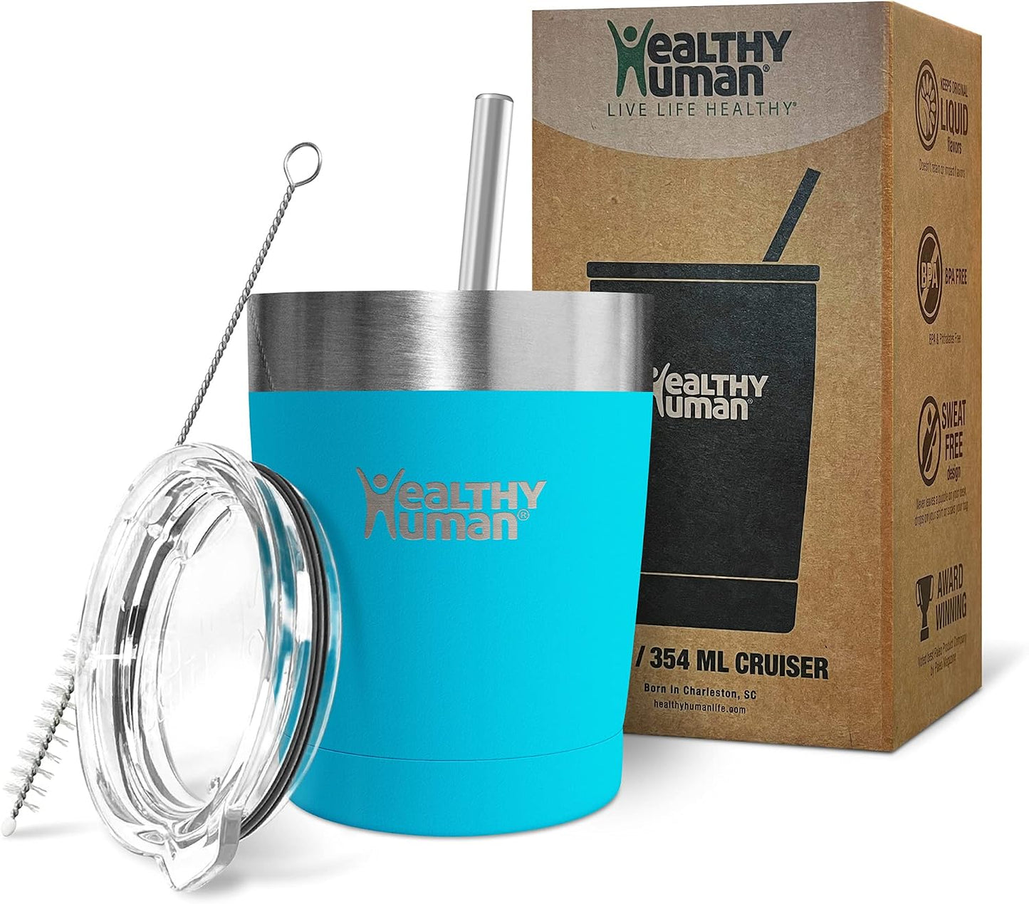 Stainless Steel Tumbler with Straw | Splash Proof Insulated Travel Cruiser Cup | Eco-Friendly Coffee Tumblers with Straws Cleaner & Splash Proof Lid (12oz, Bora Bora)