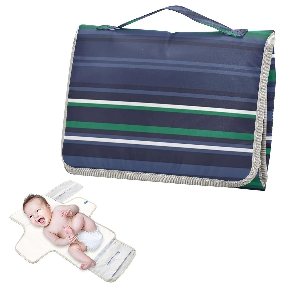 Striped Pattern Portable Diaper Changing Pad - Waterproof Travel Mat with Head Cushion, Diaper & Wipes Pockets, Foldable Baby Changing Mat for On-The-Go Parents