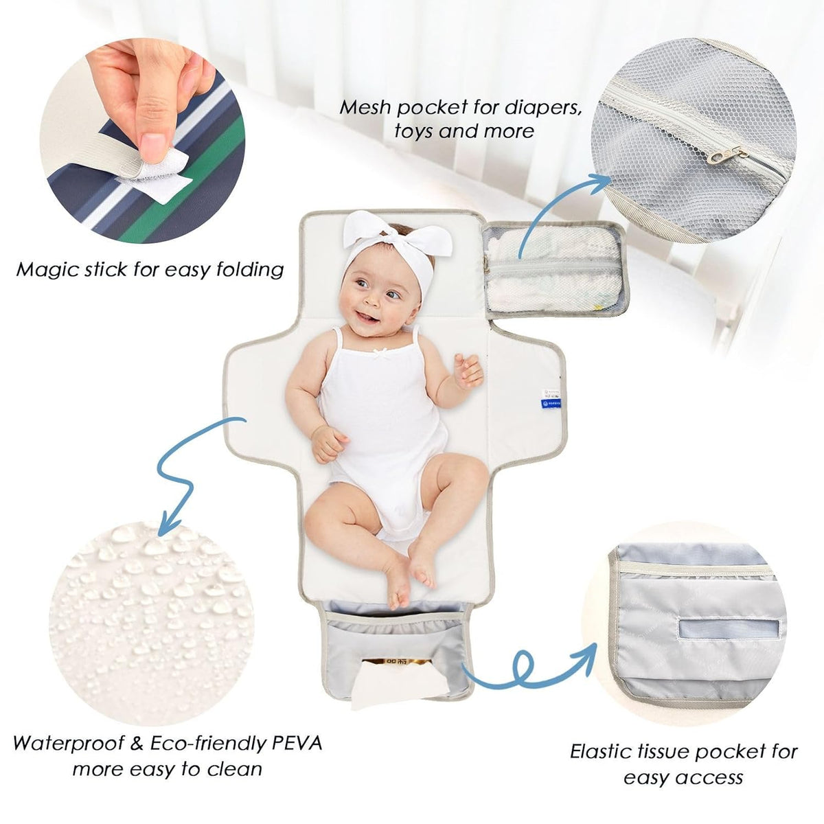 Striped Pattern Portable Diaper Changing Pad - Waterproof Travel Mat with Head Cushion, Diaper & Wipes Pockets, Foldable Baby Changing Mat for On-The-Go Parents