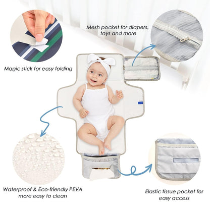 Striped Pattern Portable Diaper Changing Pad - Waterproof Travel Mat with Head Cushion, Diaper & Wipes Pockets, Foldable Baby Changing Mat for On-The-Go Parents