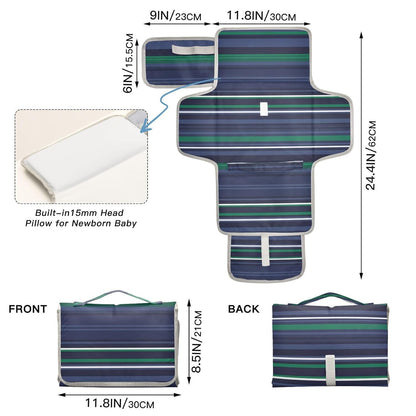Striped Pattern Portable Diaper Changing Pad - Waterproof Travel Mat with Head Cushion, Diaper & Wipes Pockets, Foldable Baby Changing Mat for On-The-Go Parents