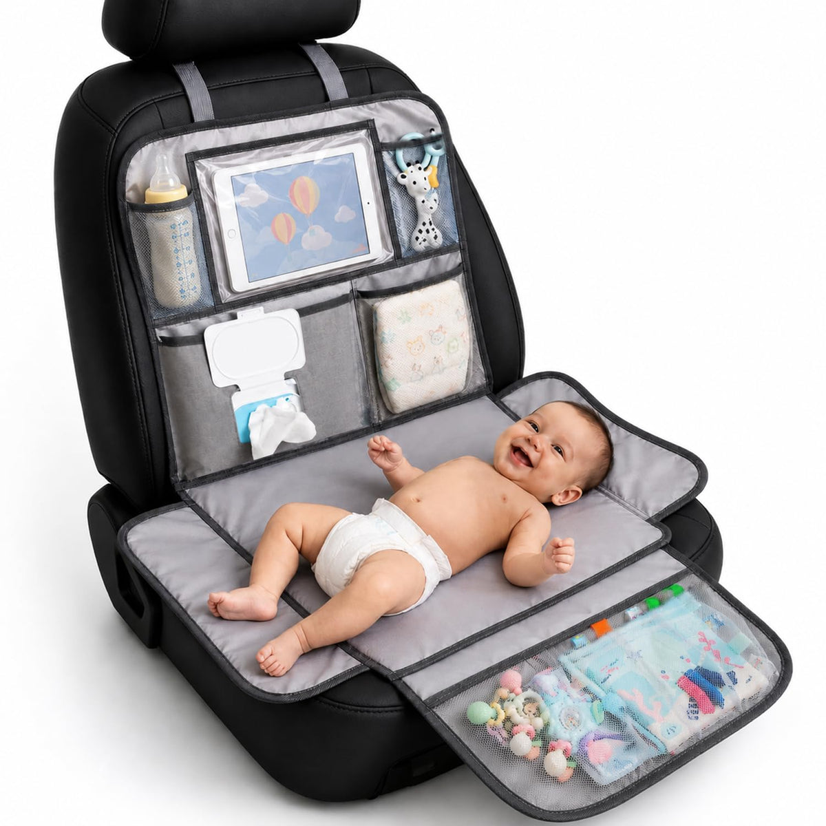 Baby Diaper Changing Station for Car & Backseat Organizer - Large Portable Baby Changing Pad for Travel with 4 Pockets, Clear Tablet Viewer, Waterproof Mat, Newborn Road Trip Essentials