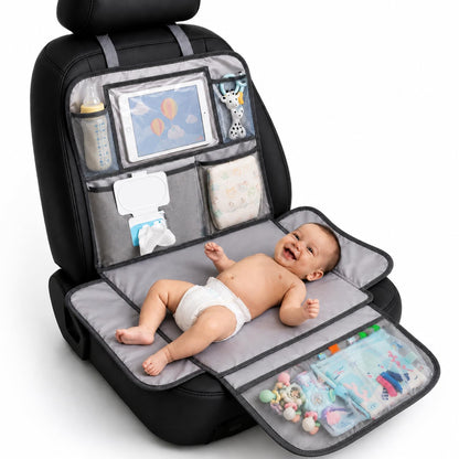 Baby Diaper Changing Station for Car & Backseat Organizer - Large Portable Baby Changing Pad for Travel with 4 Pockets, Clear Tablet Viewer, Waterproof Mat, Newborn Road Trip Essentials