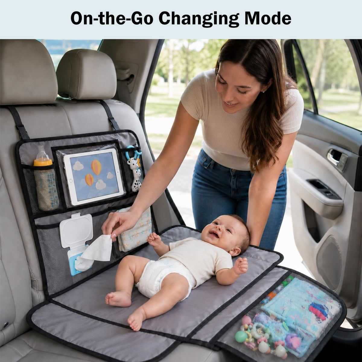 Baby Diaper Changing Station for Car & Backseat Organizer - Large Portable Baby Changing Pad for Travel with 4 Pockets, Clear Tablet Viewer, Waterproof Mat, Newborn Road Trip Essentials
