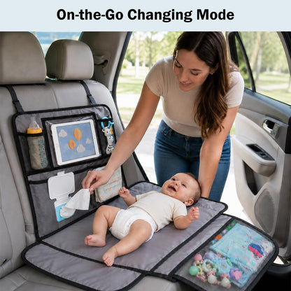 Baby Diaper Changing Station for Car & Backseat Organizer - Large Portable Baby Changing Pad for Travel with 4 Pockets, Clear Tablet Viewer, Waterproof Mat, Newborn Road Trip Essentials