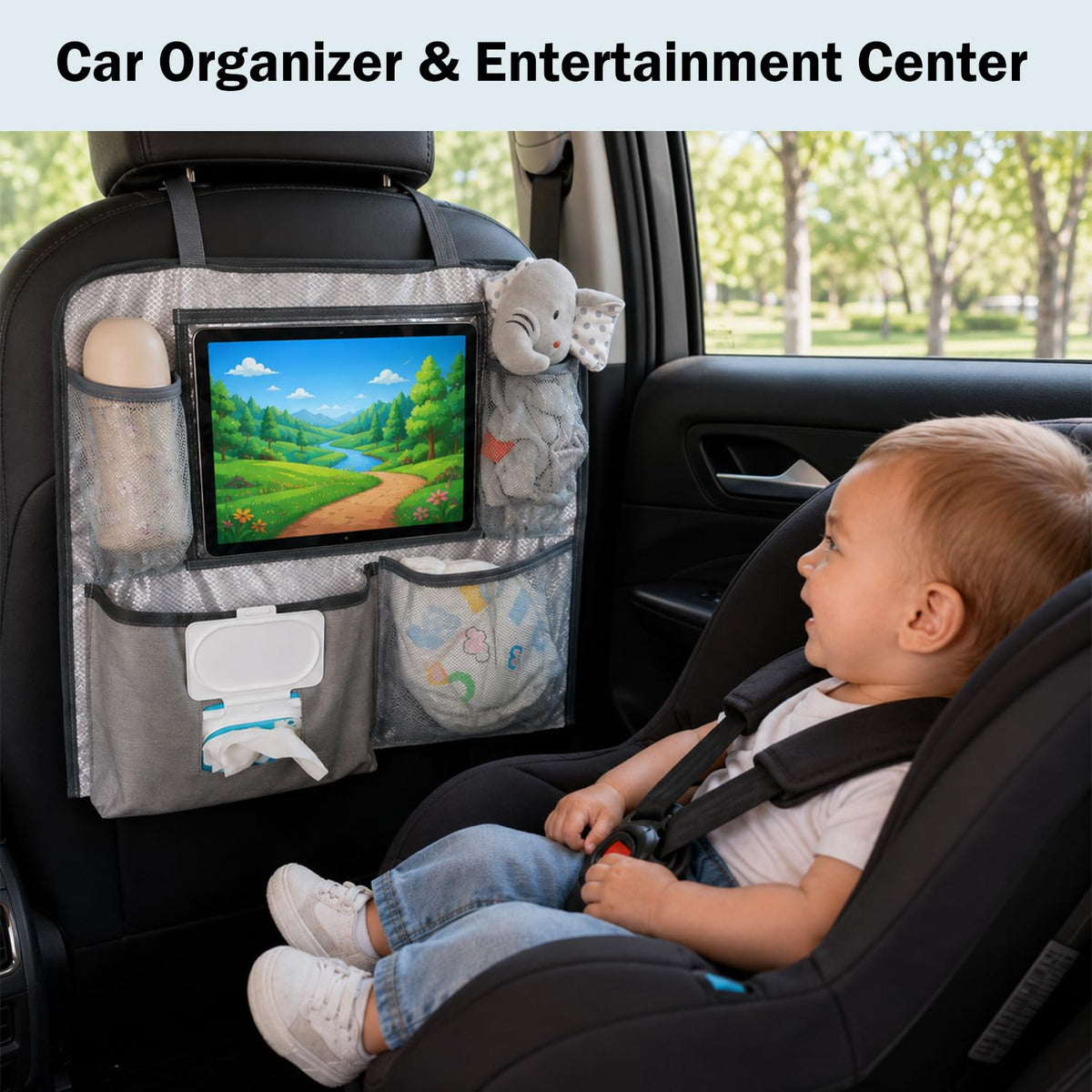 Baby Diaper Changing Station for Car & Backseat Organizer - Large Portable Baby Changing Pad for Travel with 4 Pockets, Clear Tablet Viewer, Waterproof Mat, Newborn Road Trip Essentials
