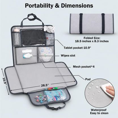 Baby Diaper Changing Station for Car & Backseat Organizer - Large Portable Baby Changing Pad for Travel with 4 Pockets, Clear Tablet Viewer, Waterproof Mat, Newborn Road Trip Essentials
