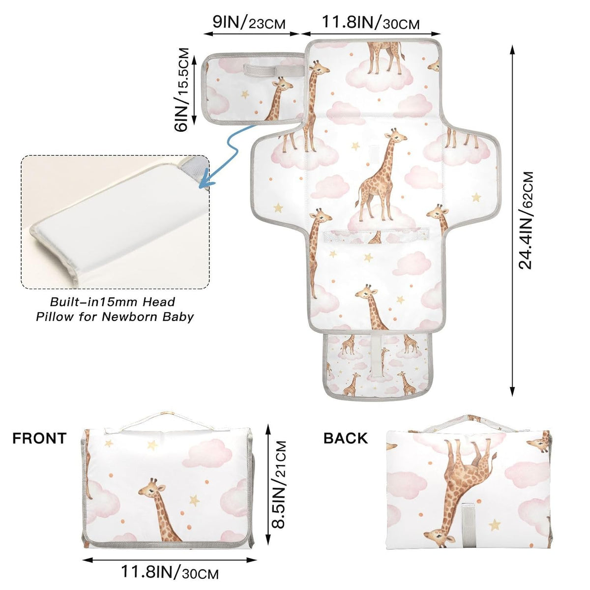 Giraffes Clouds Pattern Portable Diaper Changing Pad for Camping