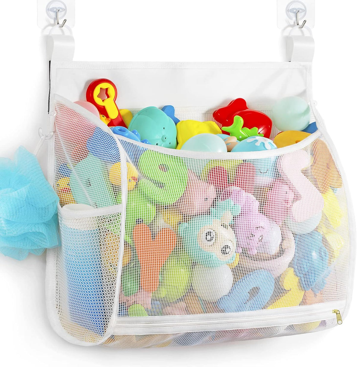Baby Mesh Bath Toy Organizer, Multiple Ways to Hang, Ultra Large Capacity & Large Opening, Bathroom Toy Holder, Bath Toy Storage Bag With 2 Side Pockets (White)