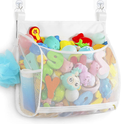 Baby Mesh Bath Toy Organizer, Multiple Ways to Hang, Ultra Large Capacity & Large Opening, Bathroom Toy Holder, Bath Toy Storage Bag With 2 Side Pockets (White)