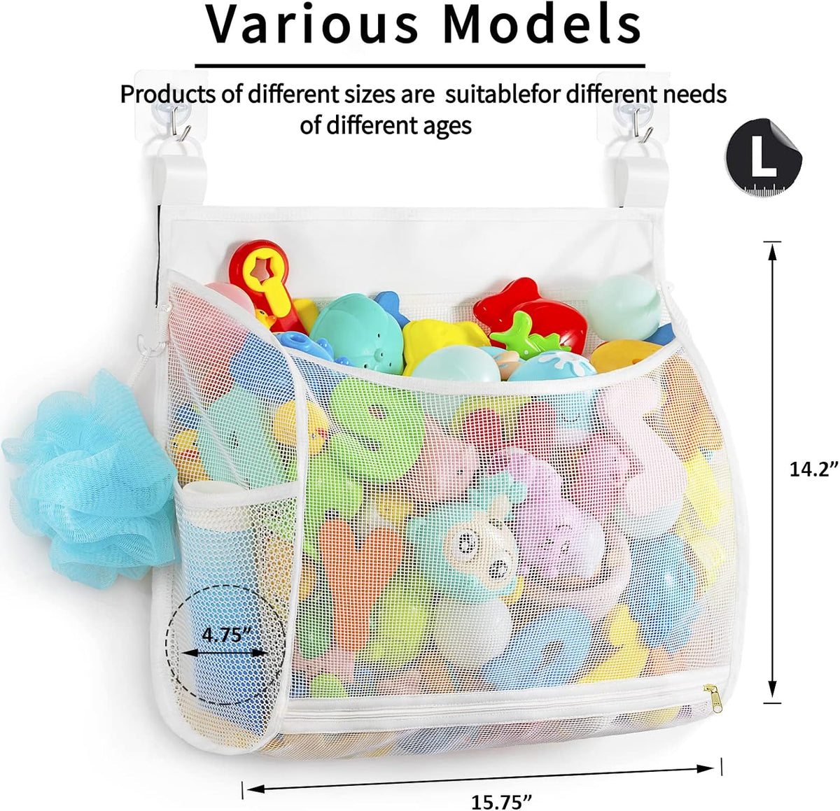 Baby Mesh Bath Toy Organizer, Multiple Ways to Hang, Ultra Large Capacity & Large Opening, Bathroom Toy Holder, Bath Toy Storage Bag With 2 Side Pockets (White)