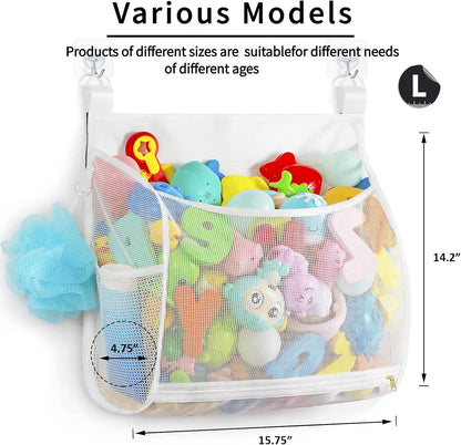 Baby Mesh Bath Toy Organizer, Multiple Ways to Hang, Ultra Large Capacity & Large Opening, Bathroom Toy Holder, Bath Toy Storage Bag With 2 Side Pockets (White)