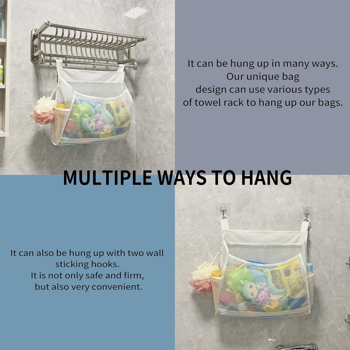 Baby Mesh Bath Toy Organizer, Multiple Ways to Hang, Ultra Large Capacity & Large Opening, Bathroom Toy Holder, Bath Toy Storage Bag With 2 Side Pockets (White)