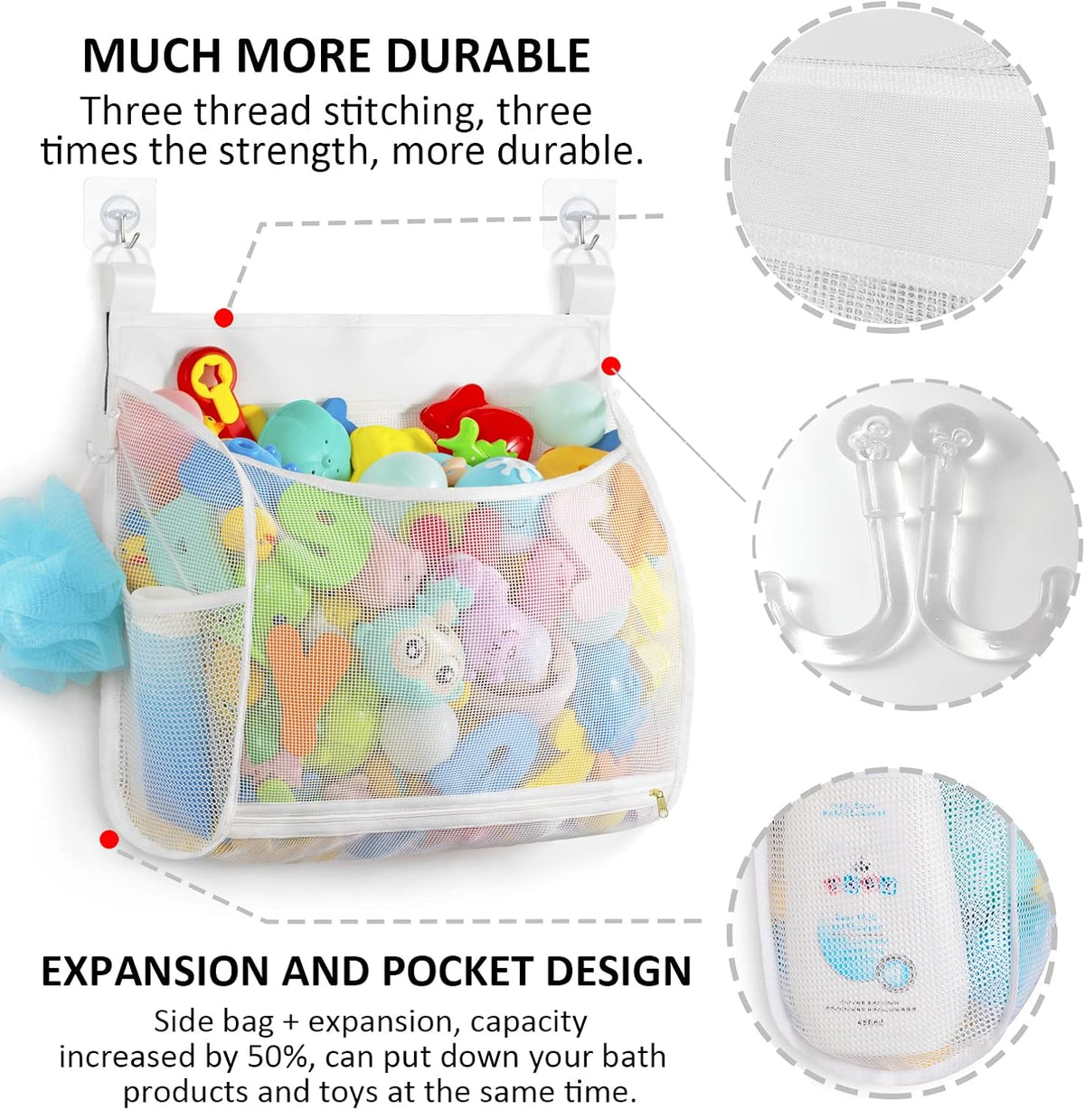 Baby Mesh Bath Toy Organizer, Multiple Ways to Hang, Ultra Large Capacity & Large Opening, Bathroom Toy Holder, Bath Toy Storage Bag With 2 Side Pockets (White)