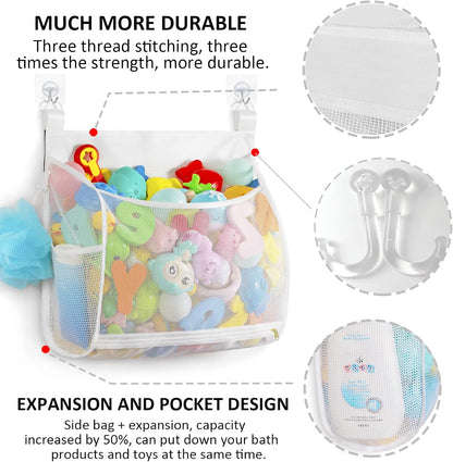 Baby Mesh Bath Toy Organizer, Multiple Ways to Hang, Ultra Large Capacity & Large Opening, Bathroom Toy Holder, Bath Toy Storage Bag With 2 Side Pockets (White)