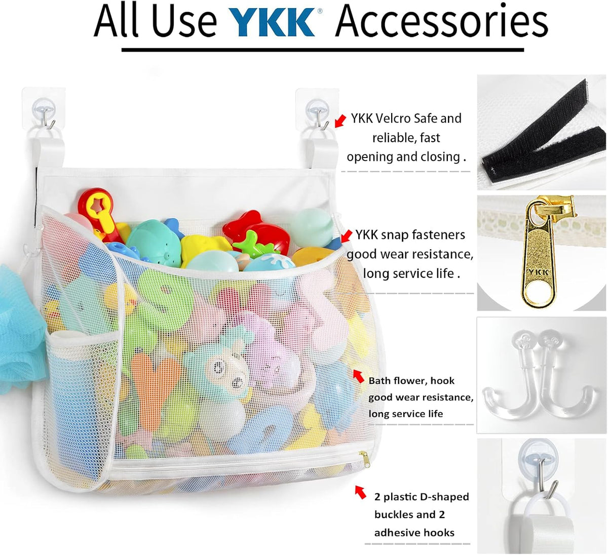 Baby Mesh Bath Toy Organizer, Multiple Ways to Hang, Ultra Large Capacity & Large Opening, Bathroom Toy Holder, Bath Toy Storage Bag With 2 Side Pockets (White)