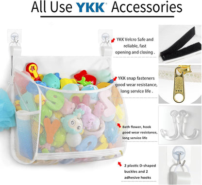 Baby Mesh Bath Toy Organizer, Multiple Ways to Hang, Ultra Large Capacity & Large Opening, Bathroom Toy Holder, Bath Toy Storage Bag With 2 Side Pockets (White)