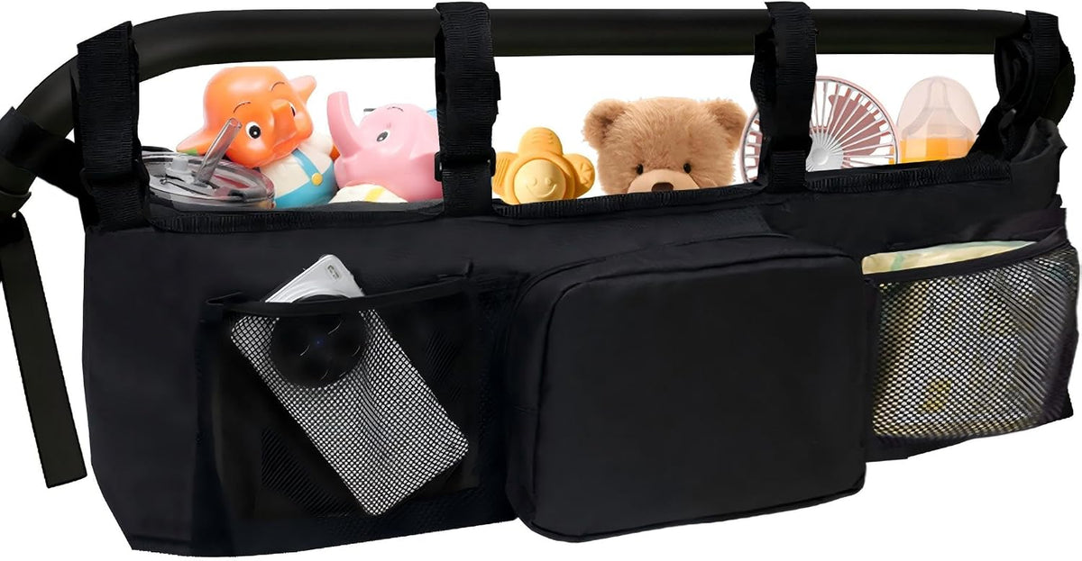 Double Stroller Organizer Accessories with 2 Cooler Pockets & Strong Holding Power, Stroller Caddy Compatible with Bob Duallie & Baby Jogger City Mini GT2, Fits Most Strollers