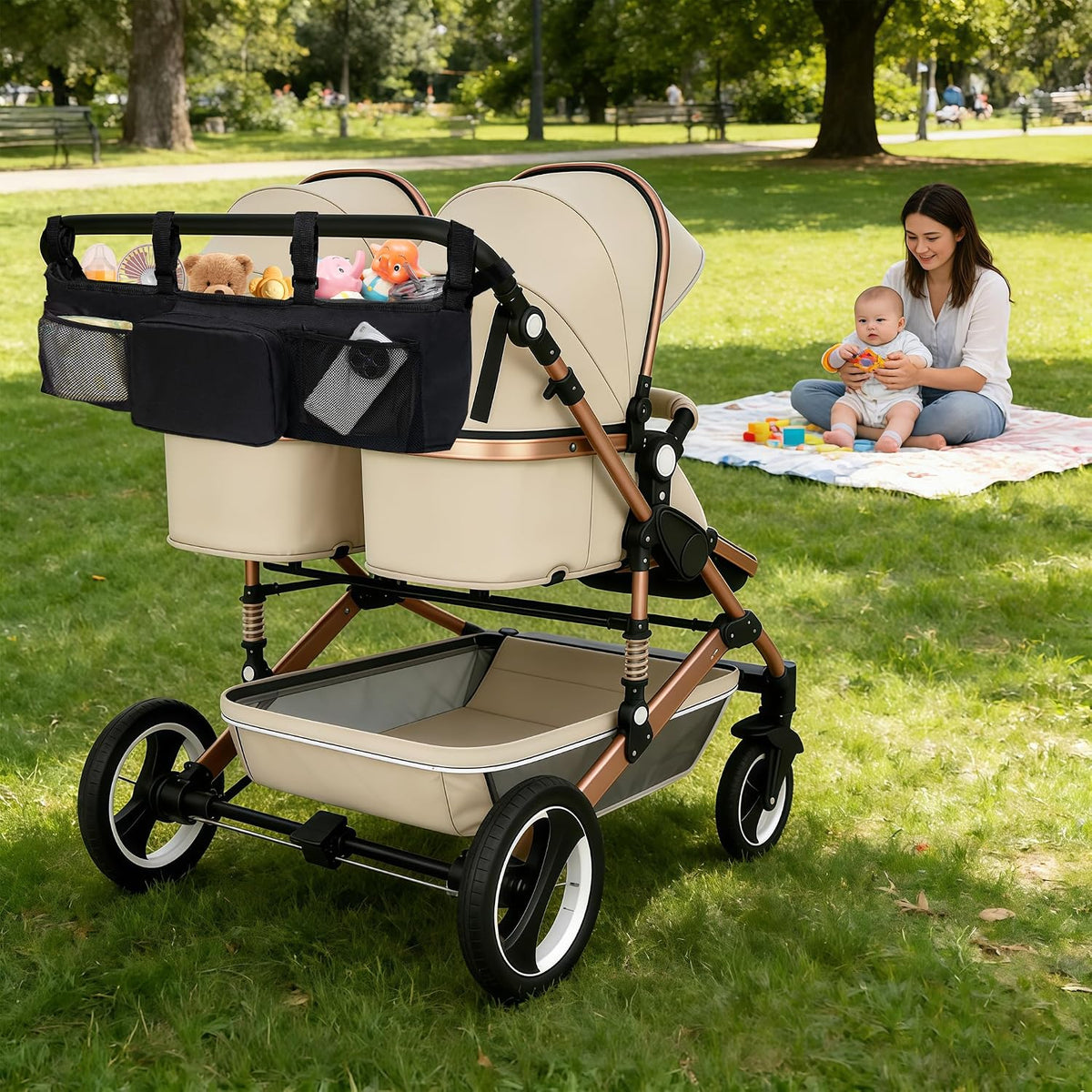 Double Stroller Organizer Accessories with 2 Cooler Pockets & Strong Holding Power, Stroller Caddy Compatible with Bob Duallie & Baby Jogger City Mini GT2, Fits Most Strollers