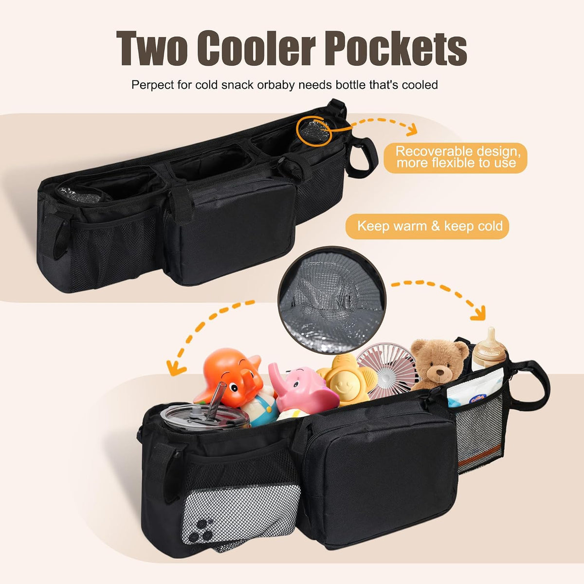 Double Stroller Organizer Accessories with 2 Cooler Pockets & Strong Holding Power, Stroller Caddy Compatible with Bob Duallie & Baby Jogger City Mini GT2, Fits Most Strollers