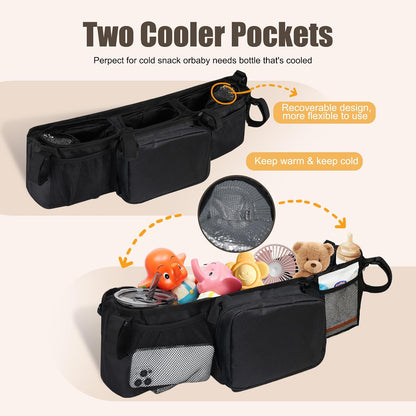 Double Stroller Organizer Accessories with 2 Cooler Pockets & Strong Holding Power, Stroller Caddy Compatible with Bob Duallie & Baby Jogger City Mini GT2, Fits Most Strollers