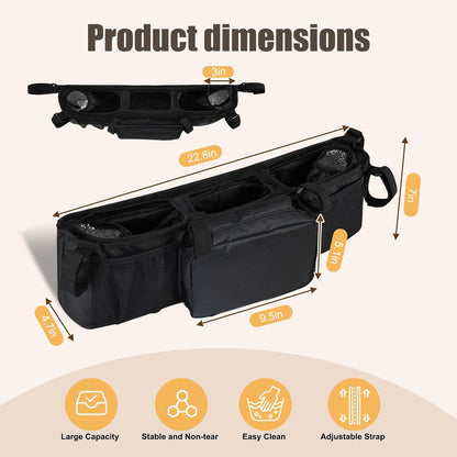 Double Stroller Organizer Accessories with 2 Cooler Pockets & Strong Holding Power, Stroller Caddy Compatible with Bob Duallie & Baby Jogger City Mini GT2, Fits Most Strollers
