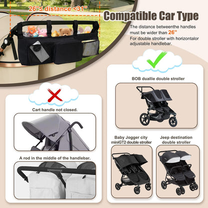 Double Stroller Organizer Accessories with 2 Cooler Pockets & Strong Holding Power, Stroller Caddy Compatible with Bob Duallie & Baby Jogger City Mini GT2, Fits Most Strollers