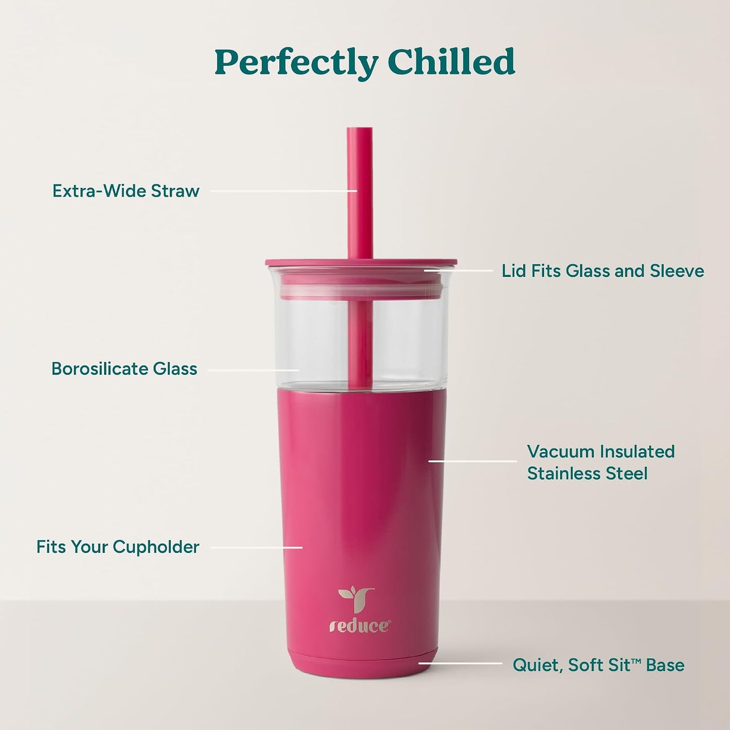 Aspen - 20oz Vacuum Insulated Glass Tumbler - Extra Wide Straw & Lid | Keeps drinks cold for 12 hours, ideal for iced coffee, smoothies & boba, dishwasher safe, soft base