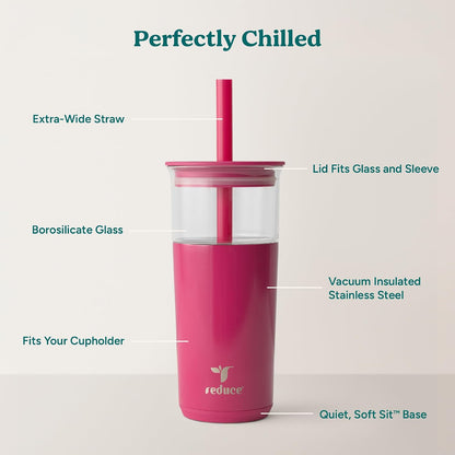 Aspen - 20oz Vacuum Insulated Glass Tumbler - Extra Wide Straw & Lid | Keeps drinks cold for 12 hours, ideal for iced coffee, smoothies & boba, dishwasher safe, soft base