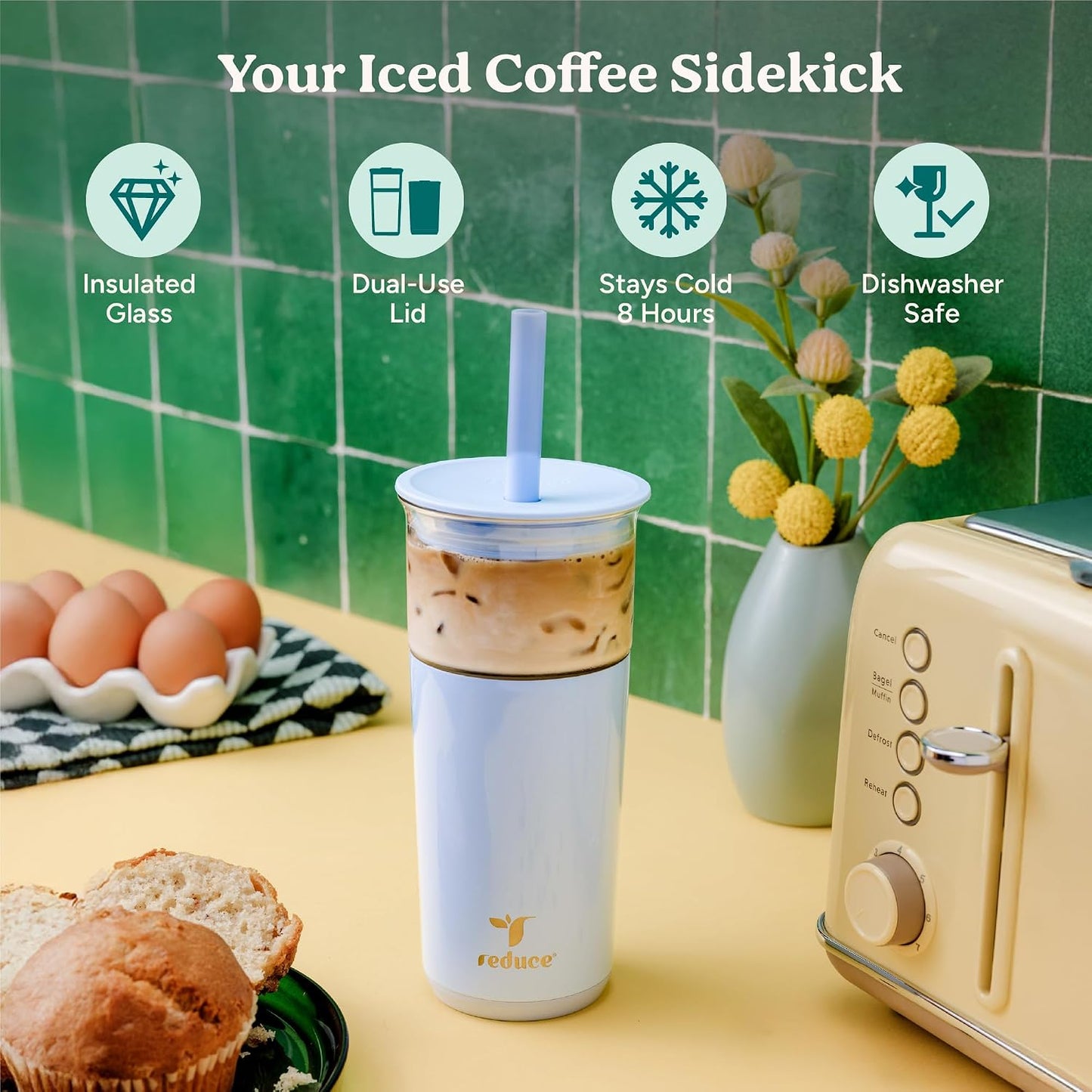 Aspen - 20oz Vacuum Insulated Glass Tumbler - Extra Wide Straw & Lid | Keeps drinks cold for 12 hours, ideal for iced coffee, smoothies & boba, dishwasher safe, soft base