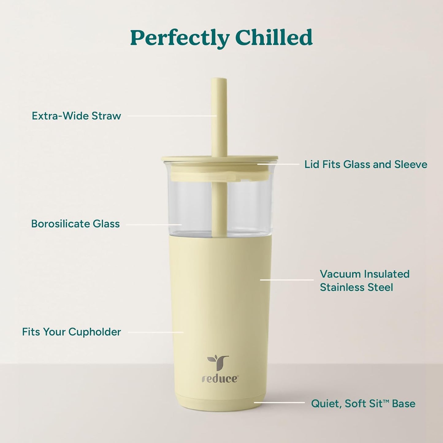 Aspen - 20oz Vacuum Insulated Glass Tumbler - Extra Wide Straw & Lid | Keeps drinks cold for 12 hours, ideal for iced coffee, smoothies & boba, dishwasher safe, soft base