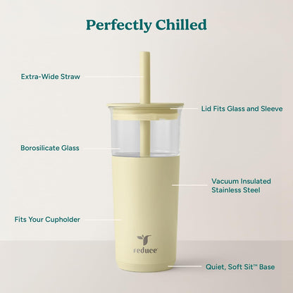 Aspen - 20oz Vacuum Insulated Glass Tumbler - Extra Wide Straw & Lid | Keeps drinks cold for 12 hours, ideal for iced coffee, smoothies & boba, dishwasher safe, soft base