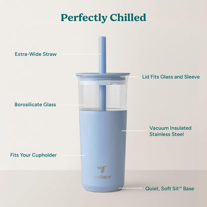 Aspen - 20oz Vacuum Insulated Glass Tumbler - Extra Wide Straw & Lid | Keeps drinks cold for 12 hours, ideal for iced coffee, smoothies & boba, dishwasher safe, soft base