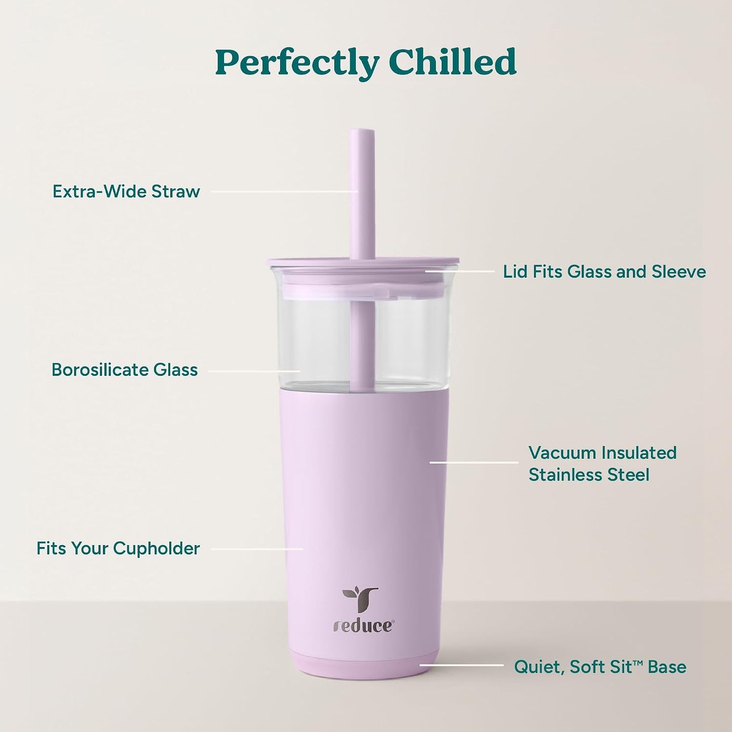 Aspen - 20oz Vacuum Insulated Glass Tumbler - Extra Wide Straw & Lid | Keeps drinks cold for 12 hours, ideal for iced coffee, smoothies & boba, dishwasher safe, soft base