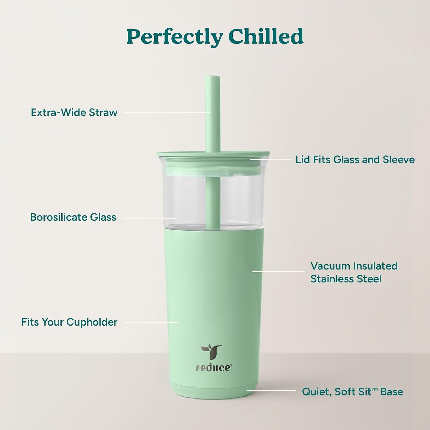 Aspen - 20oz Vacuum Insulated Glass Tumbler - Extra Wide Straw & Lid | Keeps drinks cold for 12 hours, ideal for iced coffee, smoothies & boba, dishwasher safe, soft base