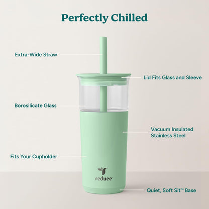 Aspen - 20oz Vacuum Insulated Glass Tumbler - Extra Wide Straw & Lid | Keeps drinks cold for 12 hours, ideal for iced coffee, smoothies & boba, dishwasher safe, soft base