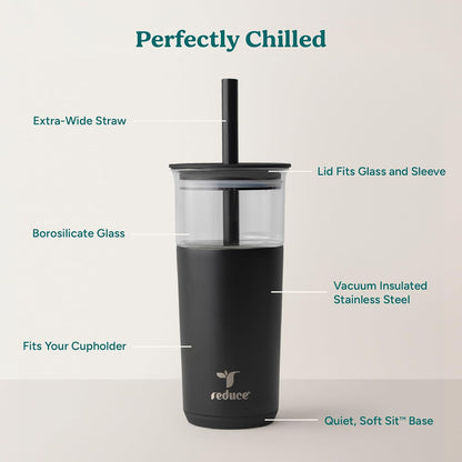Aspen - 20oz Vacuum Insulated Glass Tumbler - Extra Wide Straw & Lid | Keeps drinks cold for 12 hours, ideal for iced coffee, smoothies & boba, dishwasher safe, soft base